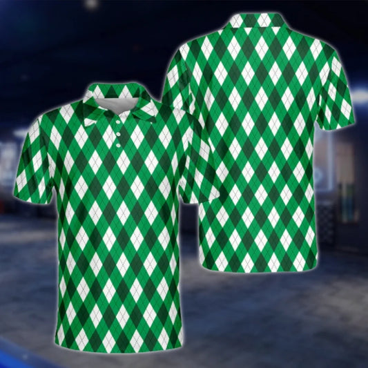Argyle Green And White Golf Polo Shirts Mens, Argyle Golf Shirts GOF0186