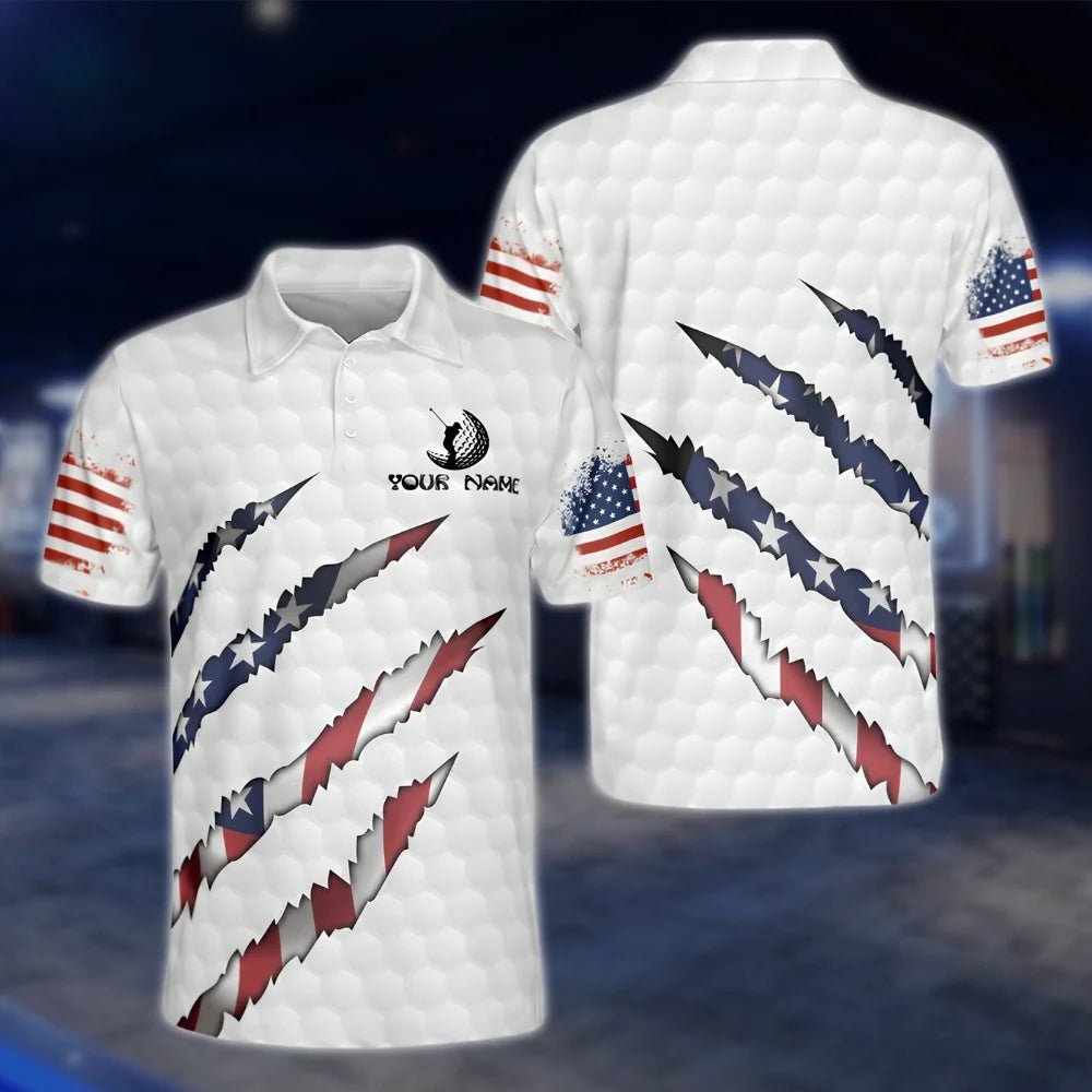 Custom American Flag White Golf Polo Shirts For Men, Personalised Patriotic Golf Shirts GOF0265