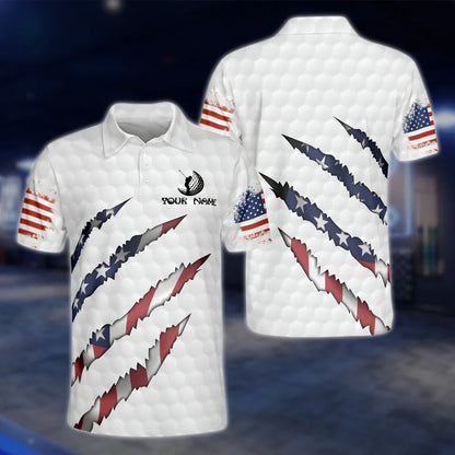 Custom American Flag White Golf Polo Shirts For Men, Personalised Patriotic Golf Shirts GOF0265