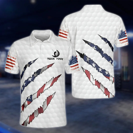 Custom American Flag White Golf Polo Shirts For Men, Personalised Patriotic Golf Shirts GOF0265