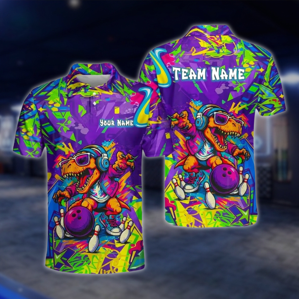 Personalized T-Rex Graffiti Bowling Polo Shirt For Men, Custom Dinosaur Bowling Shirt Team BZ0934 BOW0004