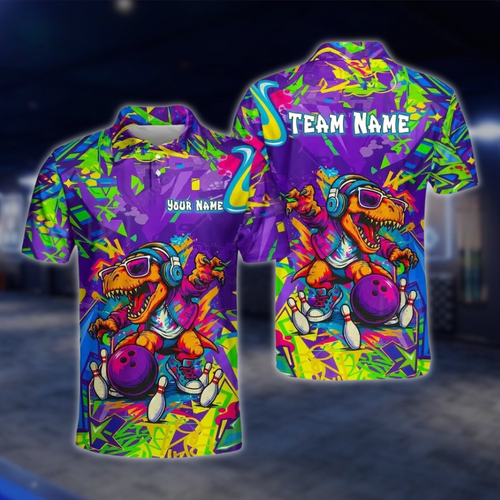 Personalized T-Rex Graffiti Bowling Polo Shirt For Men, Custom Dinosaur Bowling Shirt Team BZ0934 BOW0004