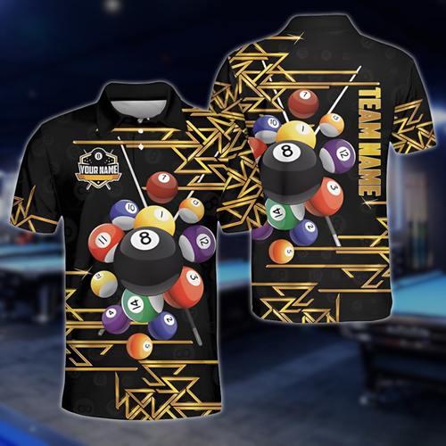 Custom Black And Gold 8 Ball Billiard Team Polo Shirts For Mens, Custom Billiard Team Shirts BLD0258