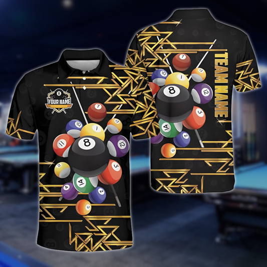 Custom Black And Gold 8 Ball Billiard Team Polo Shirts For Mens, Custom Billiard Team Shirts BLD0258