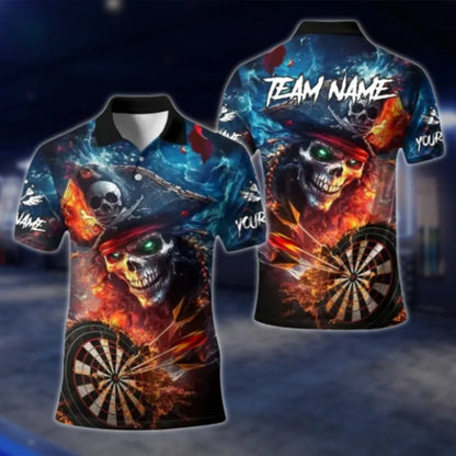 Custom Pirate Skull Fire Dart Polo Shirt For Mens, Custom Skull Dart Team Shirts DAT0426