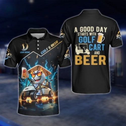 Custom A Good Day Starts With Golf Cart And Beer Golf Polo Shirts Men, Custom Funny Beer Golf Shirts GOF0234