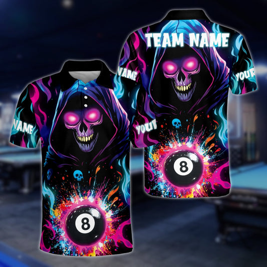 Men's Custom Colorful Skull 8 Ball Billiard Polo Shirts, Custom Skull Billiard Team Shirts BLD0143