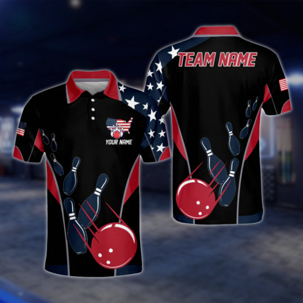 USA Flag Custom Mens Black Red Bowling Polo Shirt For Mens, Custom Patiotic Bowling Team Shirts BO0339 BOW0421