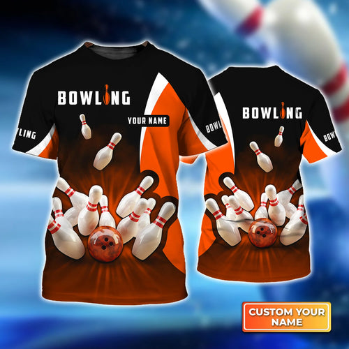 Perfect Orange Strike Bowling Personalized Name 3D Tshirt QB95 Gift For Bowler ORN0267