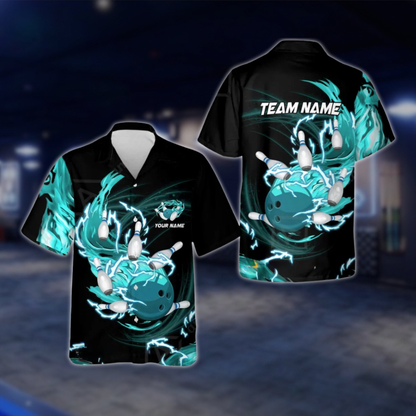 Personalized Flame Ball And Pins Bowling Hawaiian Shirt For Men, Custom Flame Team Bowling Shirt BZ0771 BOW0136