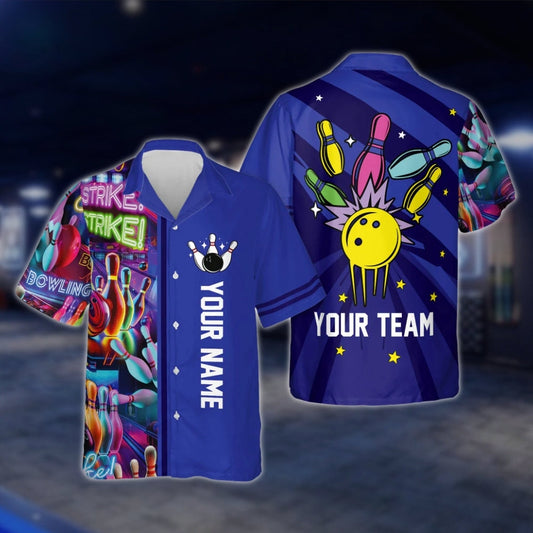 Custom Retro Neon Blue Bowling Hawaiian Shirt Men Women, Custom Retro Bowling Team Shirts BE0016 BOW0365
