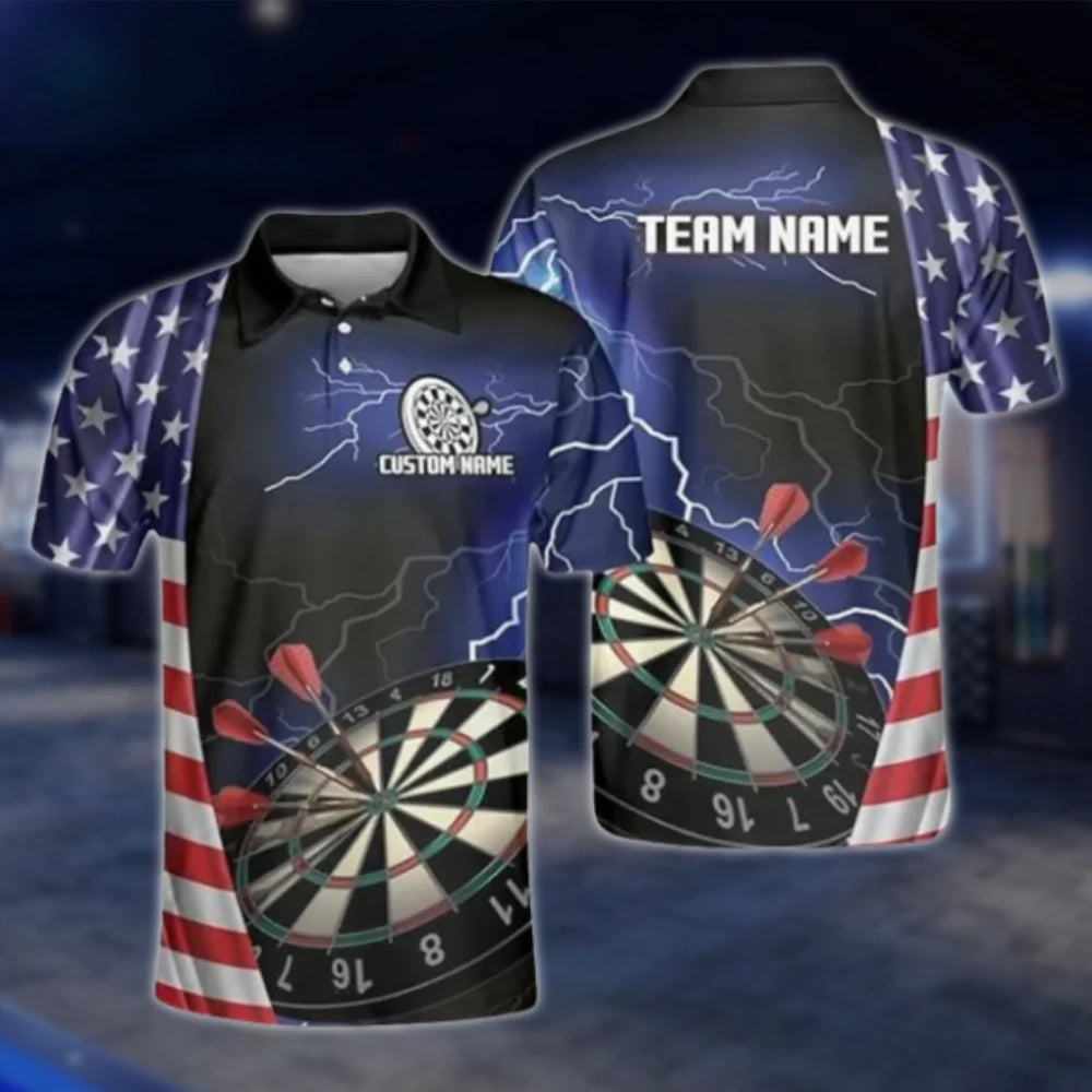 USA Flag Custom Blue Thunder Men's Dart Polo Shirt, Custom Team Patriotic Dart Shirts DAT0359