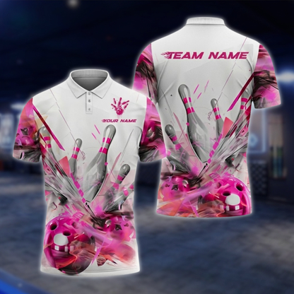 Personalized Broken Ball Bowling Mens White And Pink Polo Shirt, Custom Team Bowling Shits BZ0761 BOW0158