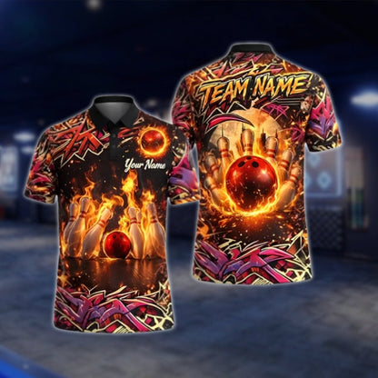 Custom Flame Graffiti Bowling Mens Polo Shirt, Custom Flame Bowling Team Shirts BZ0352 BOW0383