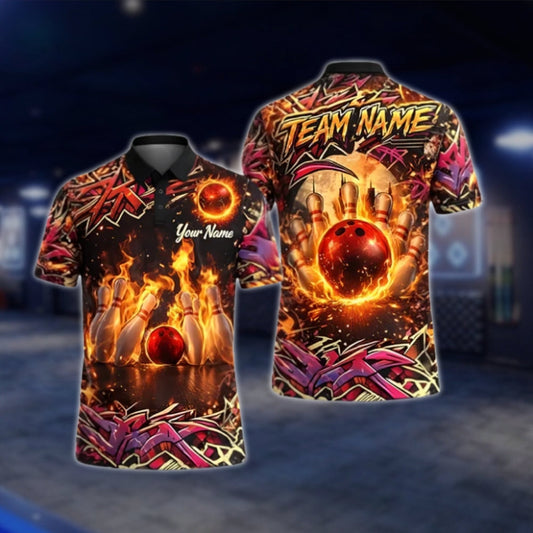 Custom Flame Graffiti Bowling Mens Polo Shirt, Custom Flame Bowling Team Shirts BZ0352 BOW0383