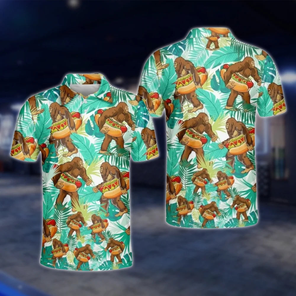 Hot Dog Bigfoot Tropical Golf Men's Polo Shirt, Sasquatch Golf Shirt Men GOF0086