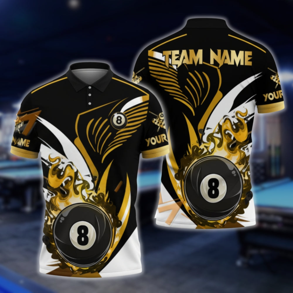 Custom Flame 8 Ball Black And Gold Polo Shirt Mens, Custom Flame Billiard Team Shirts BLD0059