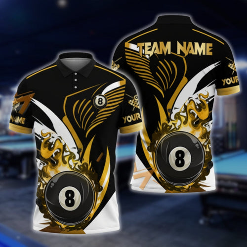 Custom Flame 8 Ball Black And Gold Polo Shirt Mens, Custom Flame Billiard Team Shirts BLD0059
