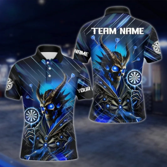 Demon Skull Personalized Darts Men Polo Shirt, Custom Skull Dart Team Shirts Blue DAT0377