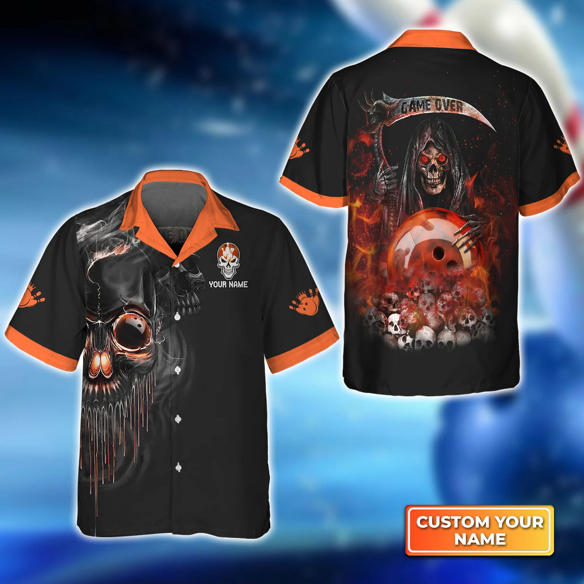 Orange Grim Reaper Bowling Personalized Name 3D Hawaiian Shirt QB95 Gift For Bowler ORN0248