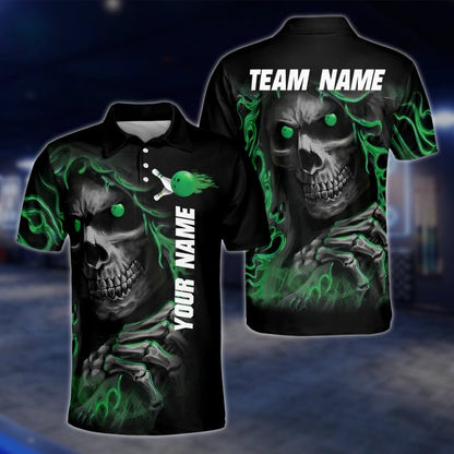 Skeleton Green Black Custom Mens Bowling Polo Shirt, Custom Skull Bowling Team Shirts BZ0009 BOW0231