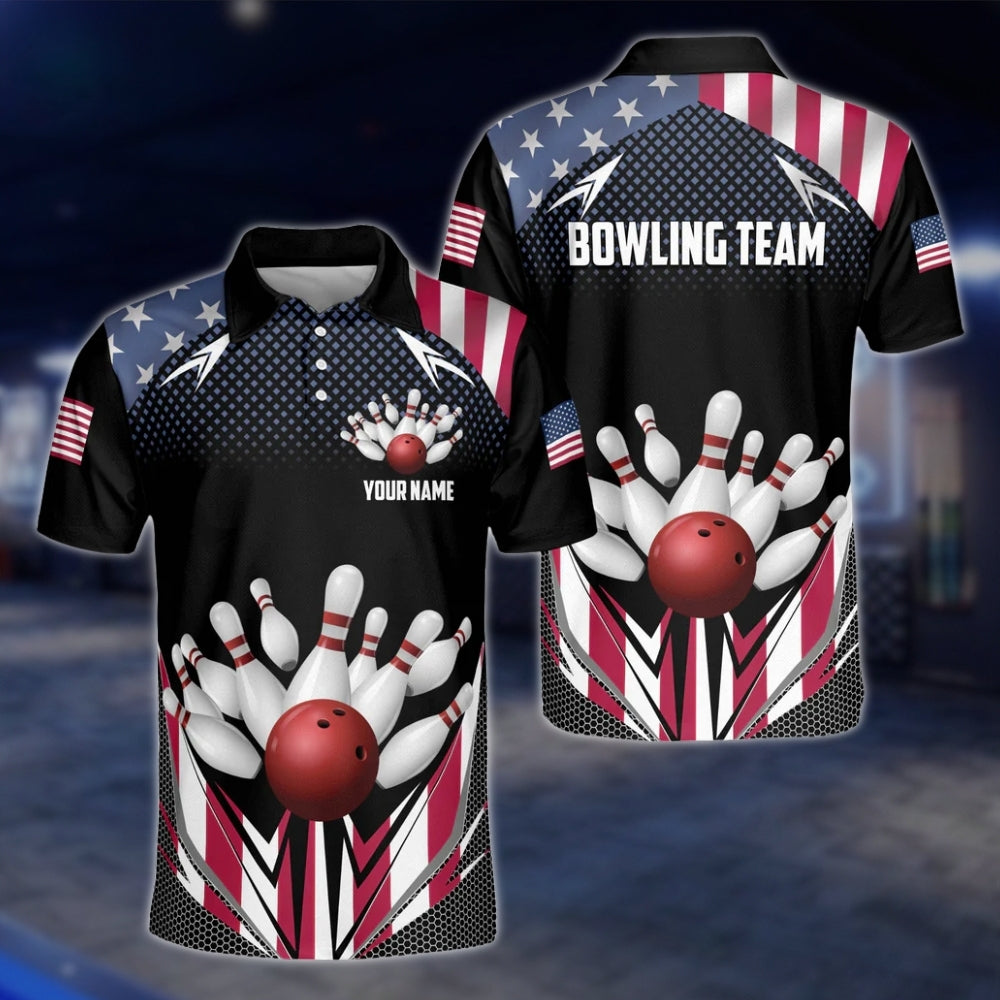 American Flag Custom Mens Bowling Polo Shirt, Custom Team Patriot Bowling Shirts BZ0147 BOW0499