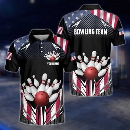 American Flag Custom Mens Bowling Polo Shirt, Custom Team Patriot Bowling Shirts BZ0147 BOW0499