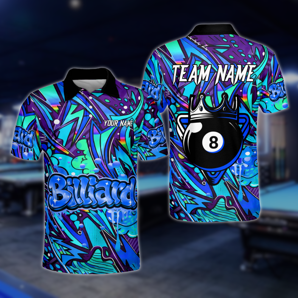 Custom Team Graffiti 8 Ball Polo Shirt Mens, Custom 8 Ball Billiard Team Shirts BLD0119