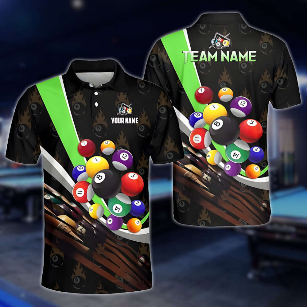 Flaming 8 Ball Custom Billiard Team Polo Shirts For Mens, Custom Pool Billiard Shirts BLD0222
