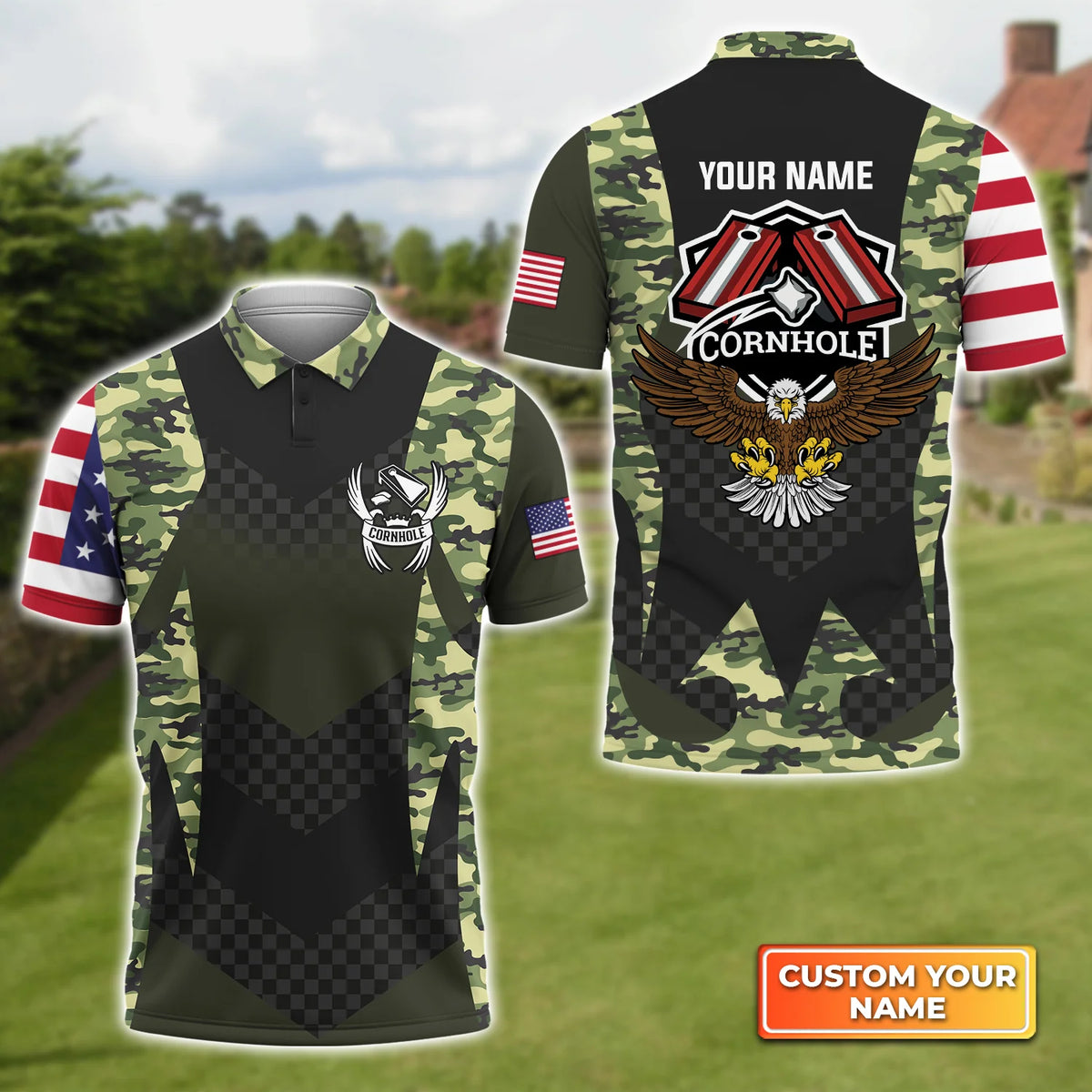 Camouflage Eagle Flag Personalized Name 3D Polo Shirt Gift For Cornhole Players QB95 ORN0275