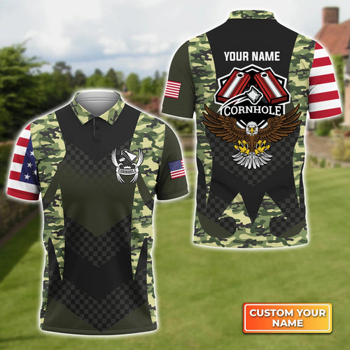Camouflage Eagle Flag Personalized Name 3D Polo Shirt Gift For Cornhole Players QB95 ORN0275