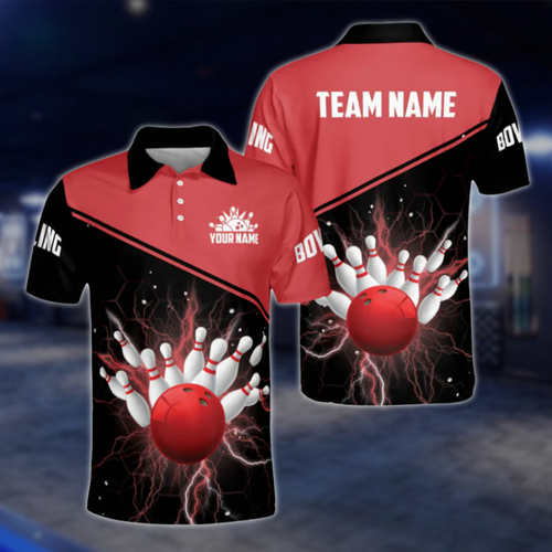 Custom Black Red Thunder Polo Bowling Team Shirts Men, Custom Bowling Shirts Team BM0300 BOW0469