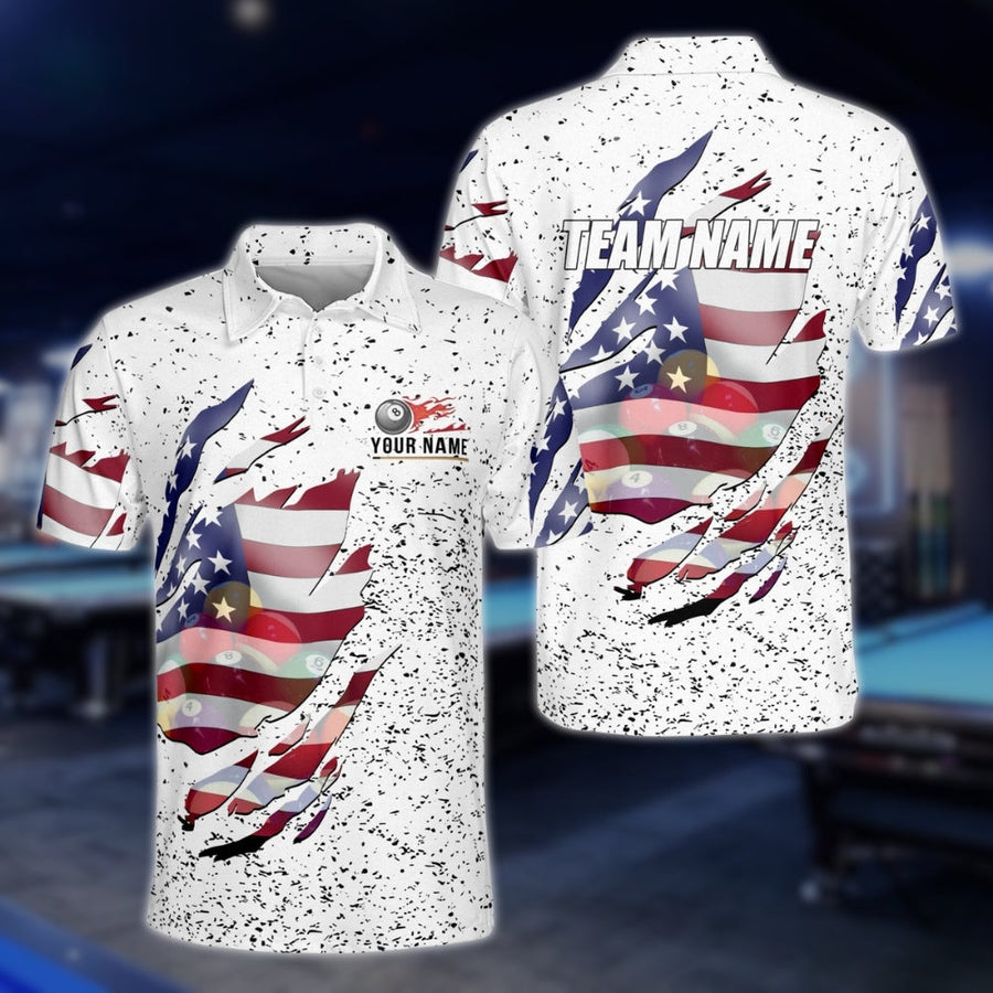 Custom American Flag Billiard Polo Shirt Men, Custom Patriotic Billiard Team Shirts BLD0300