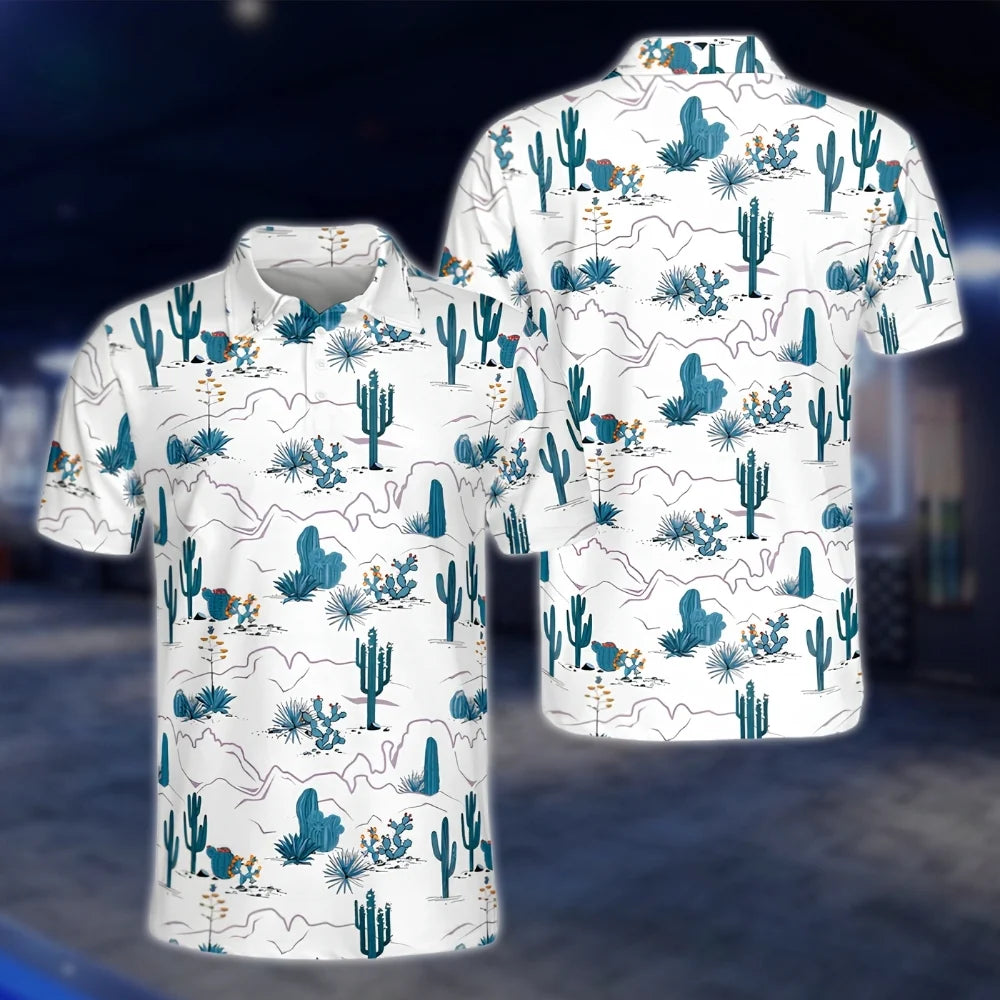 Cactus Western Men's Blue White Golf Polo Shirt, Western Golf Shirts GOF0160