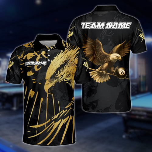 Custom Black And Gold Eagle Billiard Polo Shirts For Mens, Custom Eagle Billiard Team Shirts BLD0145