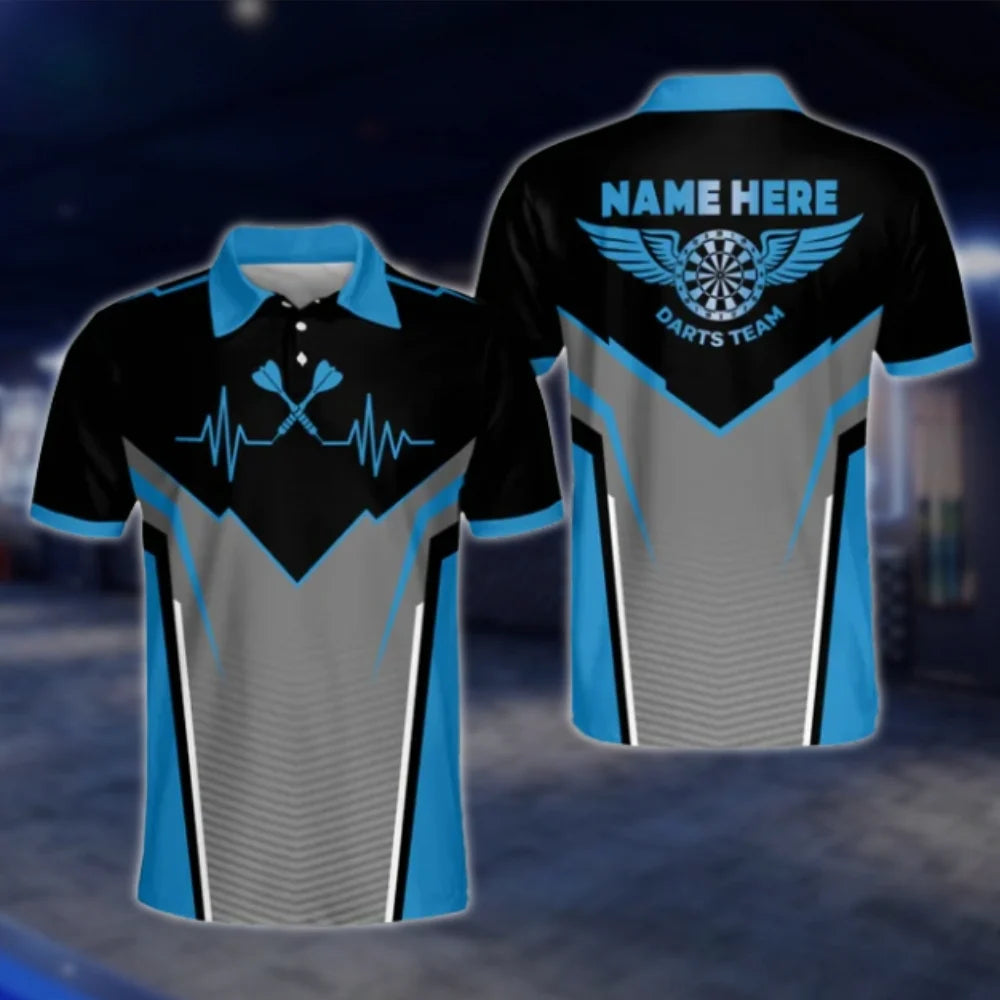 Personalized Team Blue Grey Black Darts Polo Shirt For Men, Custom Dart Team Shirts DAT0253