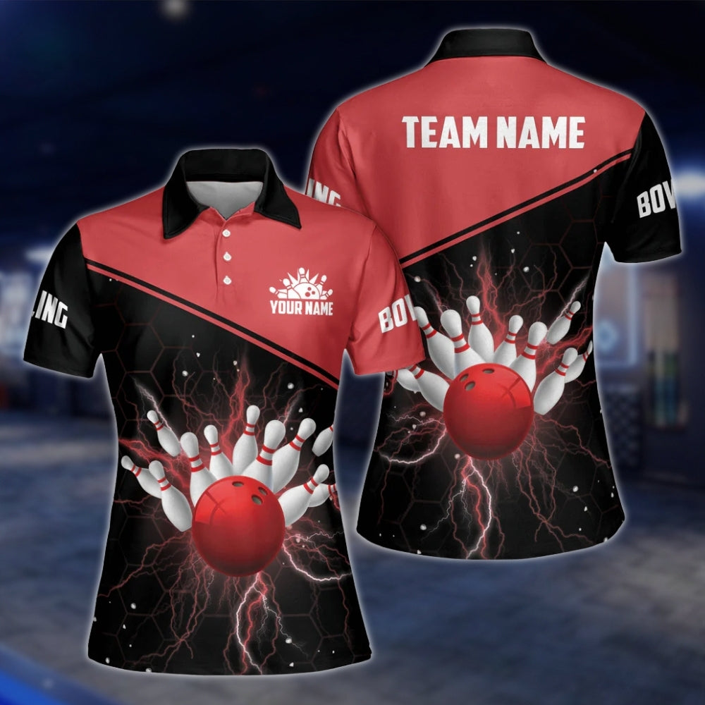 Custom Thunder Red Bowling Womens Polo Shirt, Custom Thunder Team Bowling Shirts For Ladies BW0149 BOW0211