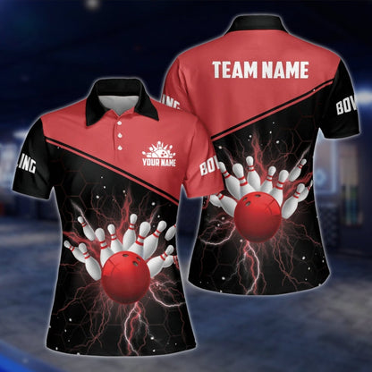 Custom Thunder Red Bowling Womens Polo Shirt, Custom Thunder Team Bowling Shirts For Ladies BW0149 BOW0211