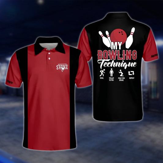 Custom My Bowling Technique Men's Bowling Polo Shirt, Black And Red Custom Funny Bowling Polo Shirts BM0299 BOW0373