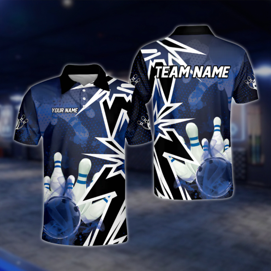 Custom Blue Black Polo Bowling Team Shirts For Men, Custom Team Bowling Shirts BO0357 BOW0495