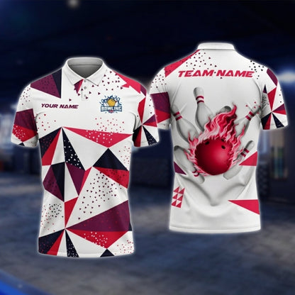 Personalized Geometric Polo Bowling Team Shirts For Men, White And Red Custom Bowling Shirts BZ0732 BOW0187
