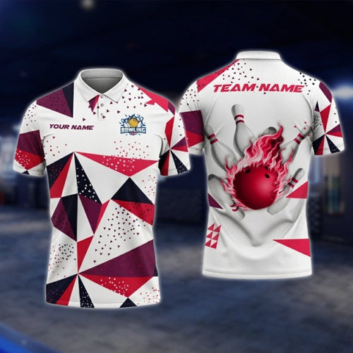 Personalized Geometric Polo Bowling Team Shirts For Men, White And Red Custom Bowling Shirts BZ0732 BOW0187
