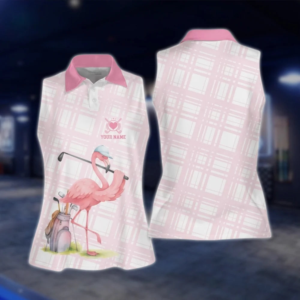 Personalized Flamingo Sleevelss Golf Shirt For Women, Custom Name Flamingo Golf Shirt Ladies GOF0070