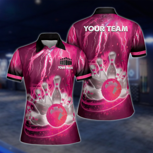 Custom Team Thunder Pink Bowling Polo Shirt For Women, Custom Bowling Team Shirts Ladies BW0156 BOW0414
