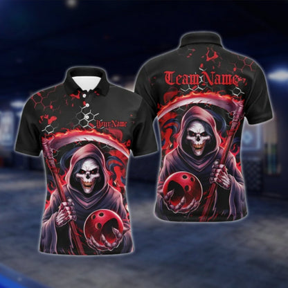 Skeleton Custom Mens Black Red Bowling Polo Shirt, Custom Skull Bowling Team Shirts BO0425 BOW0392