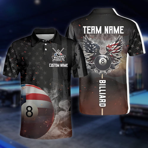 Custom American Eagle Flag 8 Ball Billiard Men's Polo Shirt, Custom Patriotic Billiard Shirts Team BLD0090