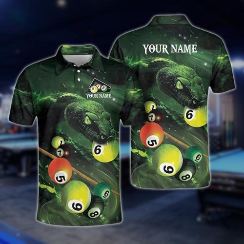 Custom Green Snake Billiard Men Polo Shirts, Custom Snake Pool Billiard Team Shirts BLD0266