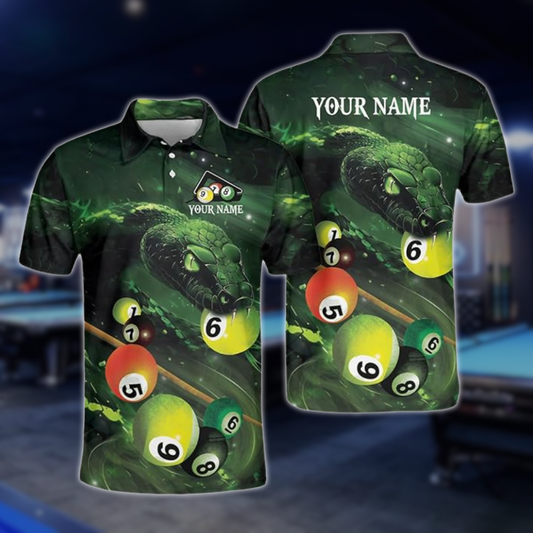 Custom Green Snake Billiard Men Polo Shirts, Custom Snake Pool Billiard Team Shirts BLD0266