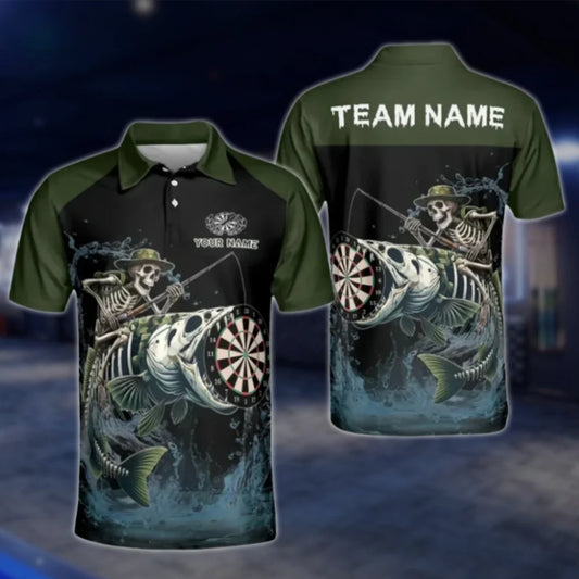 Skeleton Fishing Custom Mens Dart Polo Shirt, Custom Skull Dart Team Shirts DAT0372