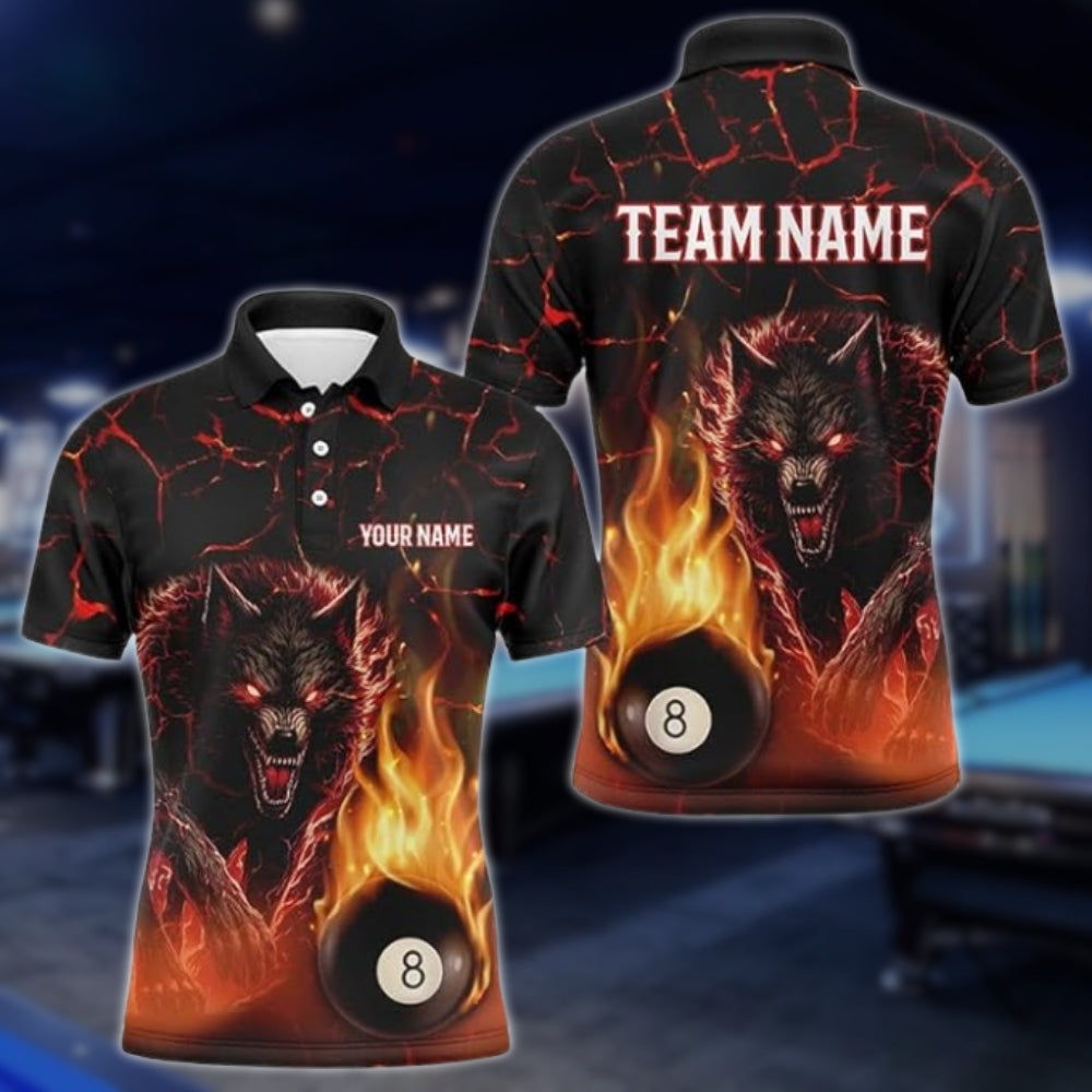 Custom Wolf Flaming 8 Ball Billiard Polo Shirt Mens, Custom Wolf Billiard Team Shirts BLD0161